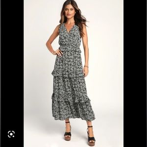 SOLD OUT Lulu's - Spring in Your Step Black Floral Print Tiered Maxi Dress